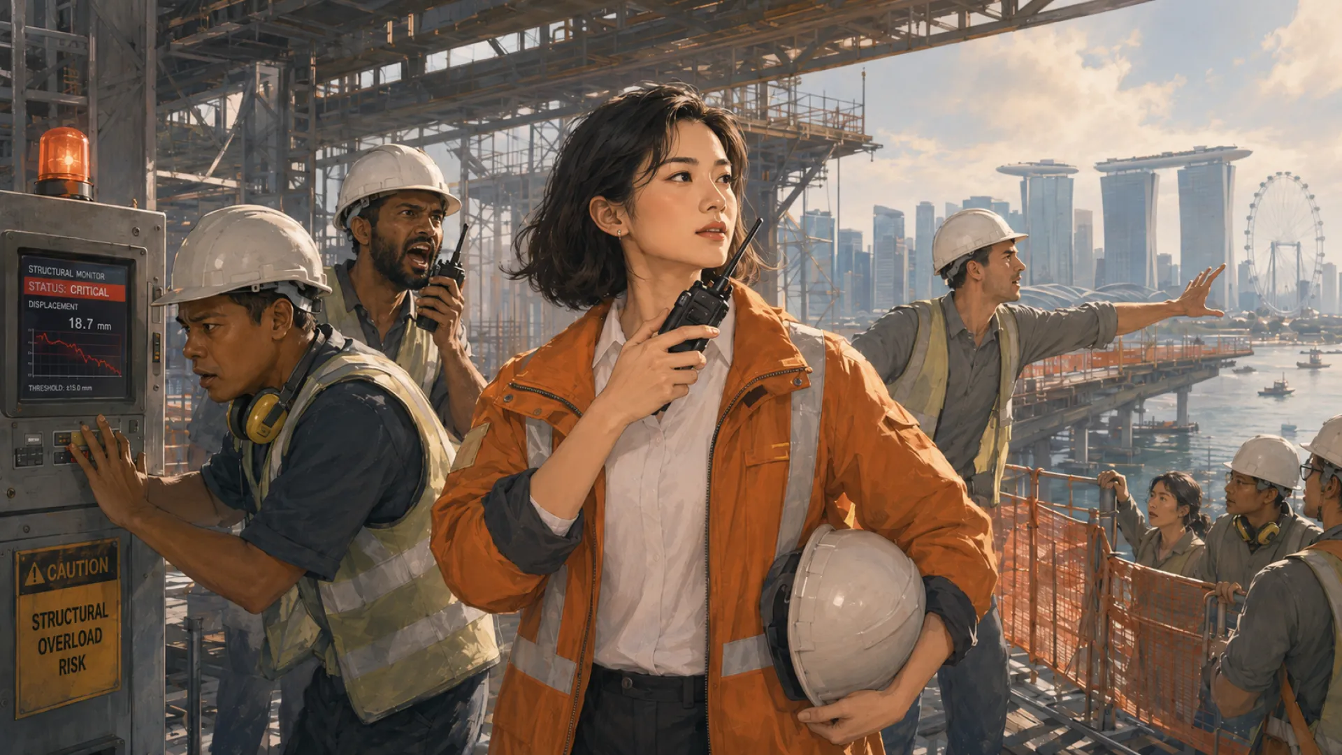 The Vanguard on a radio at a construction deck as the structural monitor beside them reads critical and the crew shouts and points