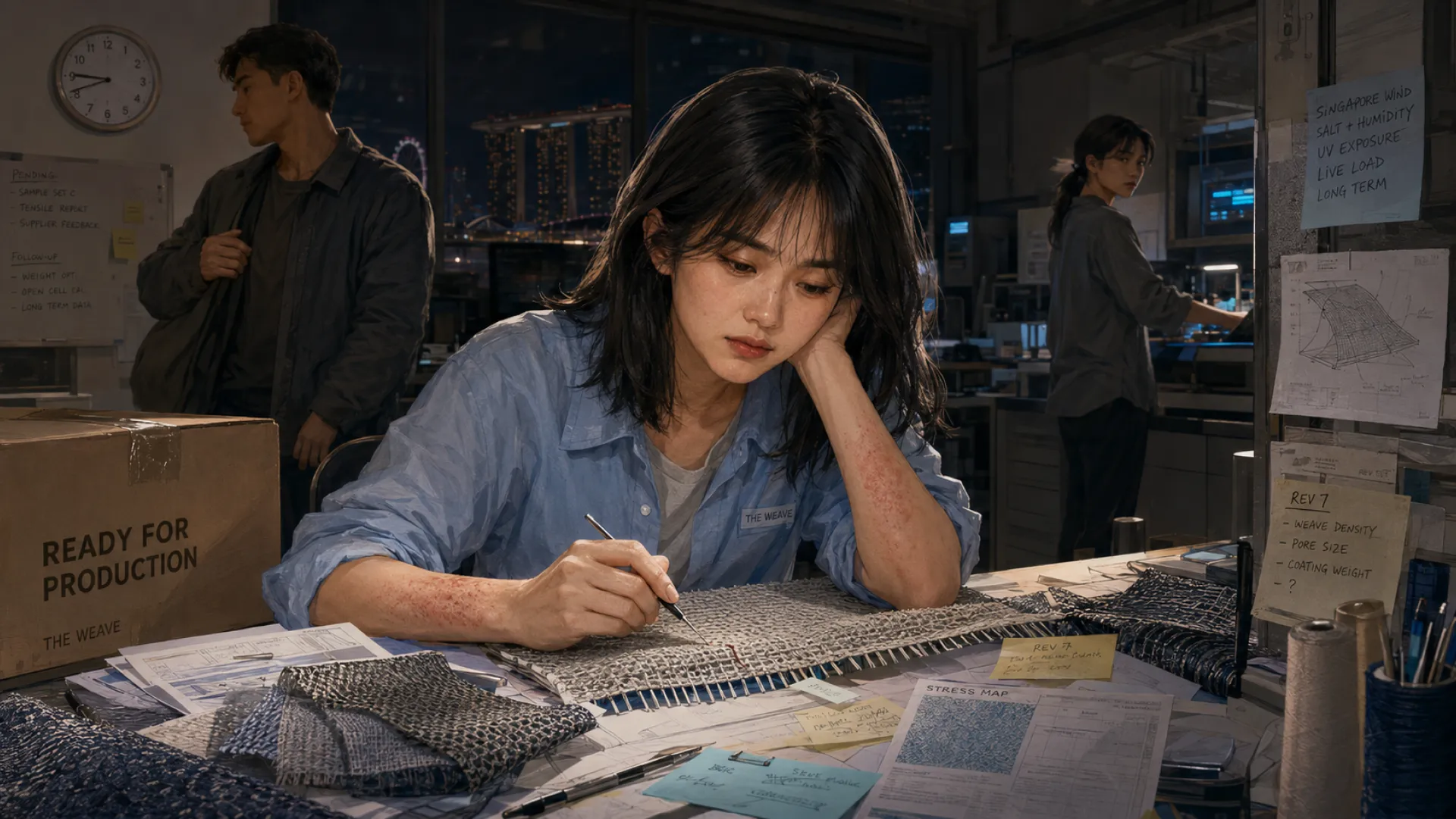 The Weave marking up revision seven of a sample late at night, forearm reddened, the box marked ready for production already packed behind them