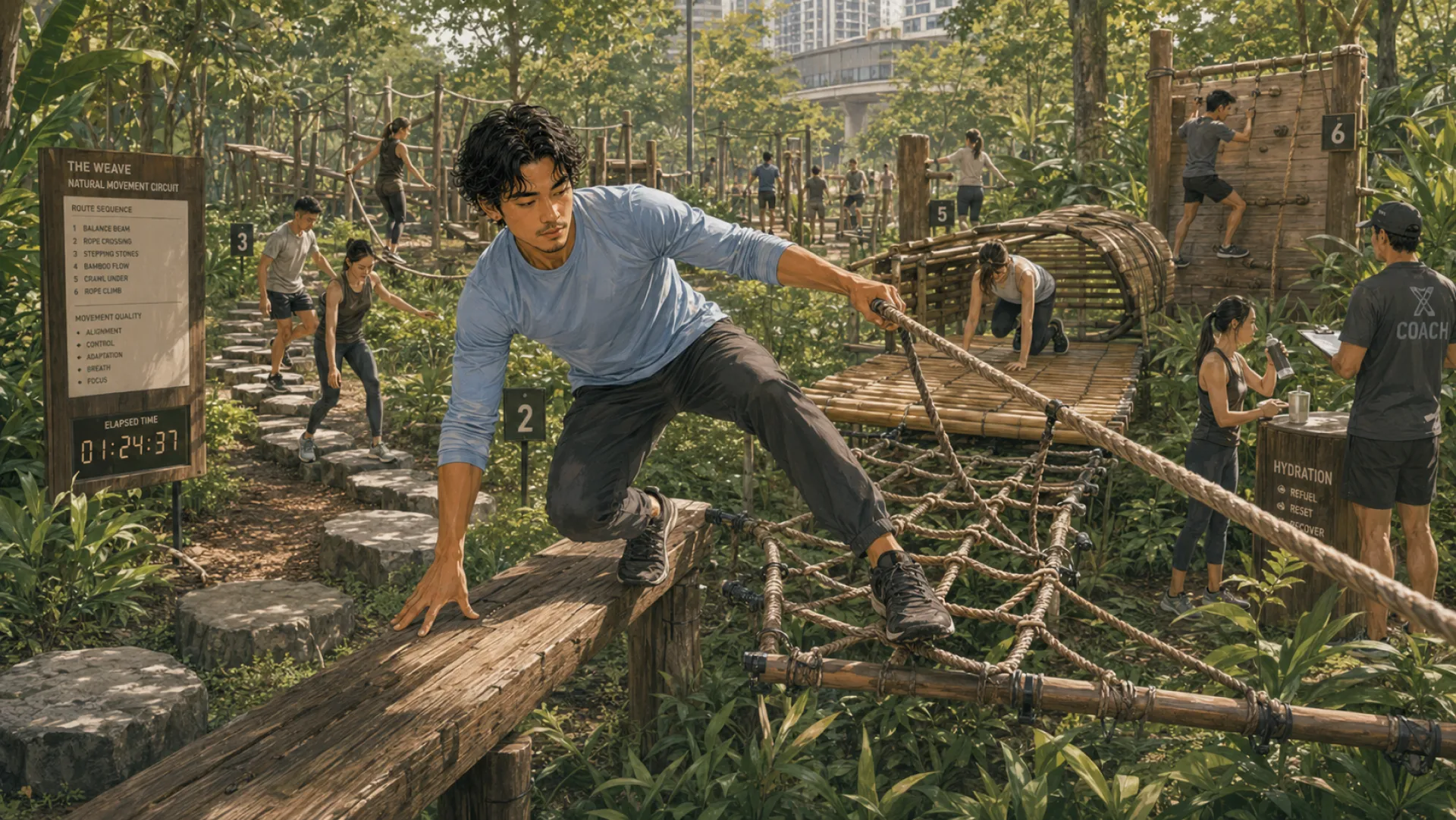 The Weave mid-course on an outdoor movement circuit, one hand on a wooden beam and the other on the rope line