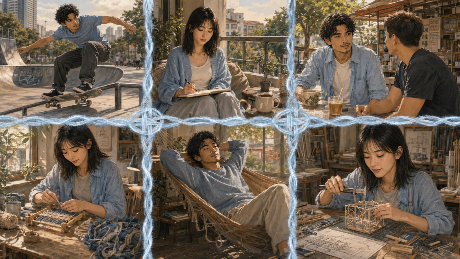 The Weave in six panels split by woven blue thread: skating, writing on a balcony, coffee with a friend, working a small loom, resting in a hammock, and measuring a lattice model