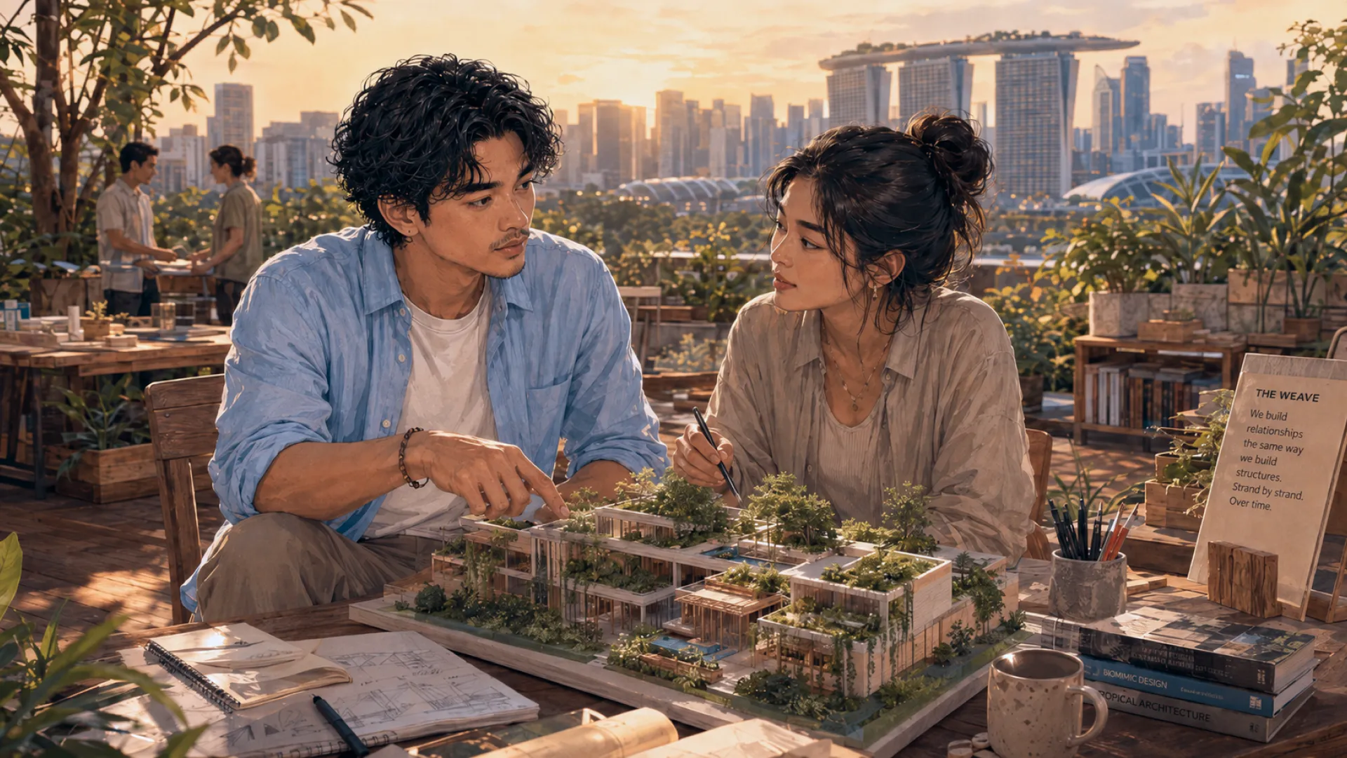 The Weave leaning over a model of a planted building at sunset, working through it with one other person
