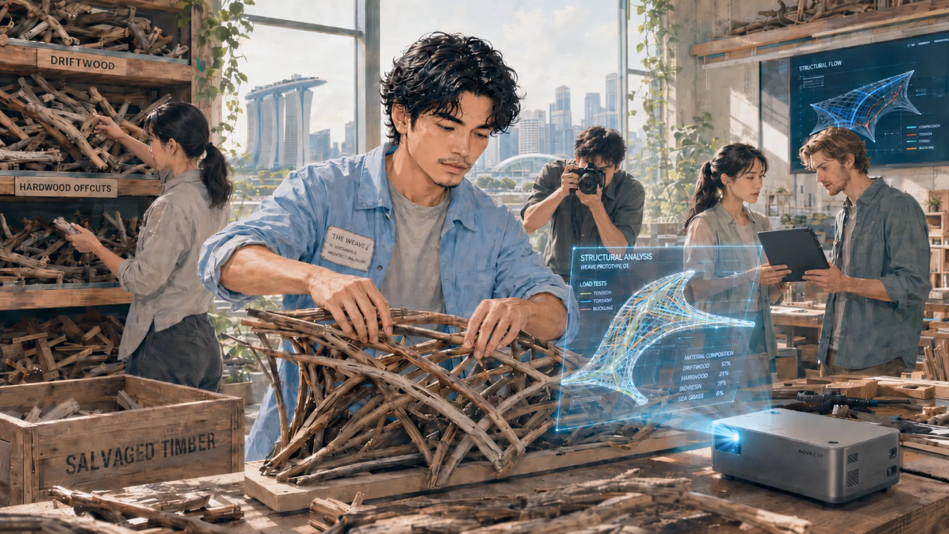 The Weave bending salvaged driftwood into a curved lattice while a load test of it runs on the screen alongside