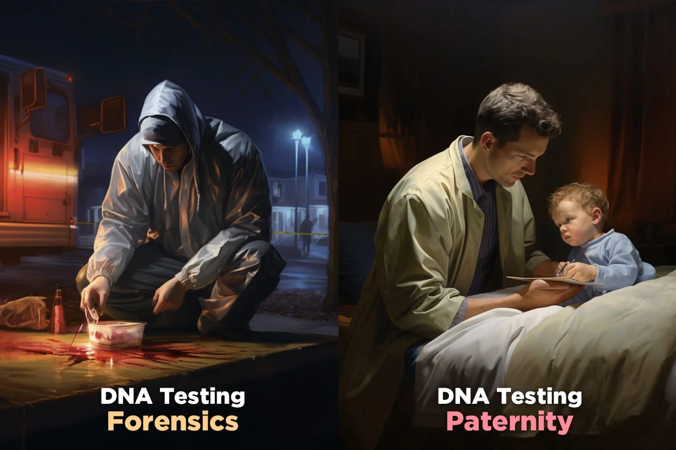 A forensic team working a crime scene on one side, a father sitting with a baby on the other