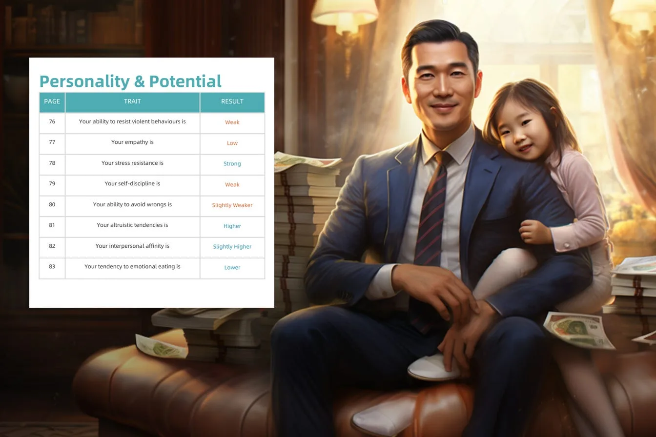A father sitting with his young daughter, beside a page of genetic personality and potential results