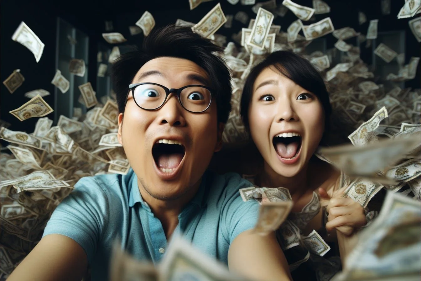 A delighted couple surrounded by falling banknotes