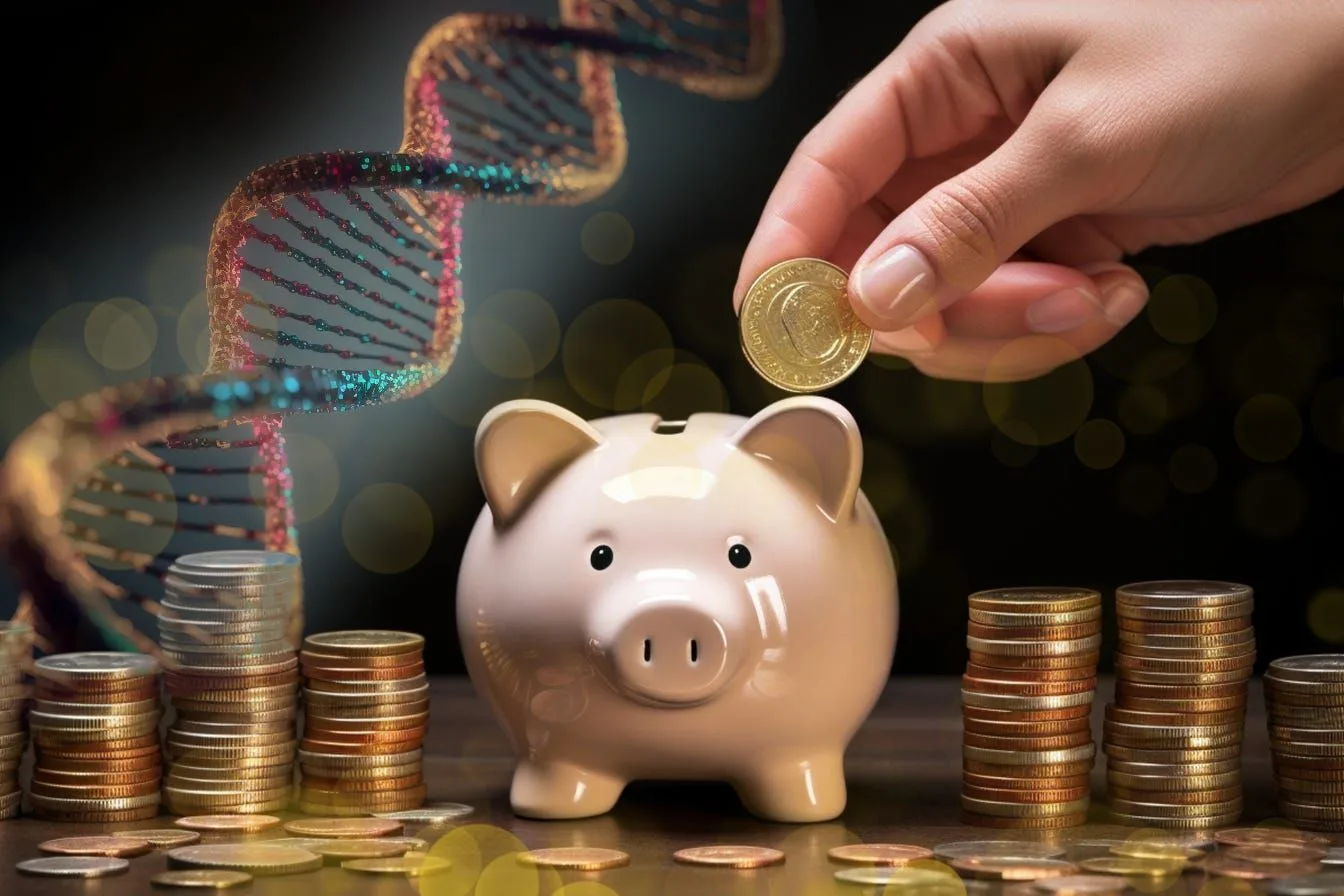 A hand dropping a coin into a piggy bank beside a rising DNA helix and stacks of coins