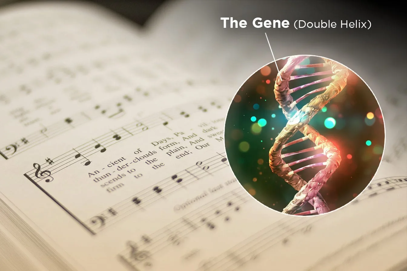 An open book of sheet music with a double helix drawn in a circle above it