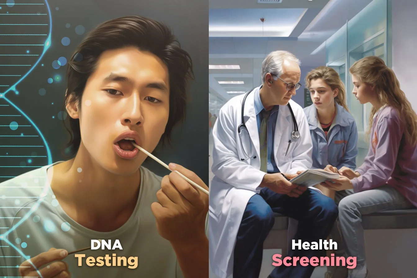 On the left a man taking a cheek swab, on the right a doctor going through a report with a patient