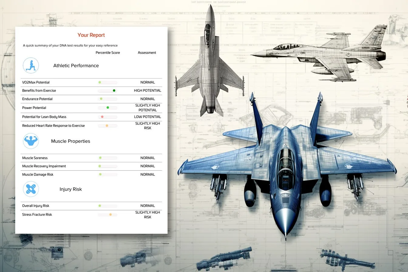 A fighter jet drawn as an engineering blueprint beside a page of genetic athletic performance results