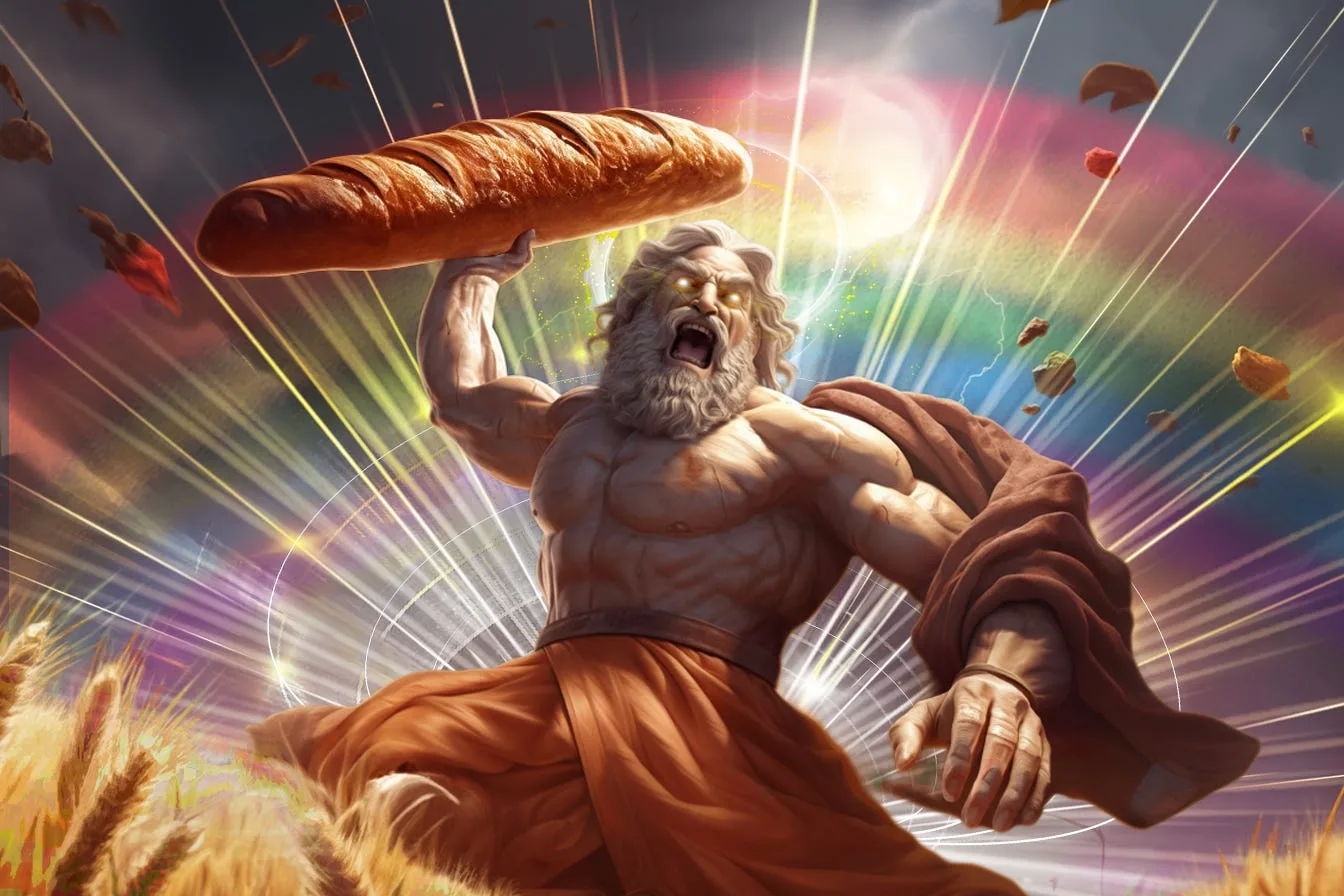 A thunderous bearded god in a wheat field swinging a baguette overhead