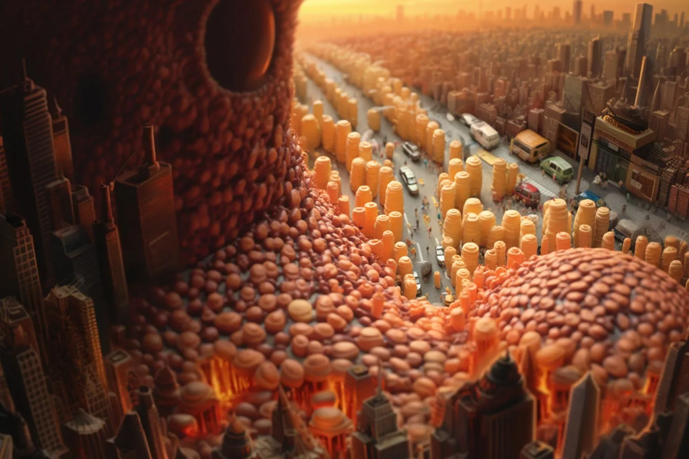 A city skyline built out of bread, its streets crowded with tiny figures