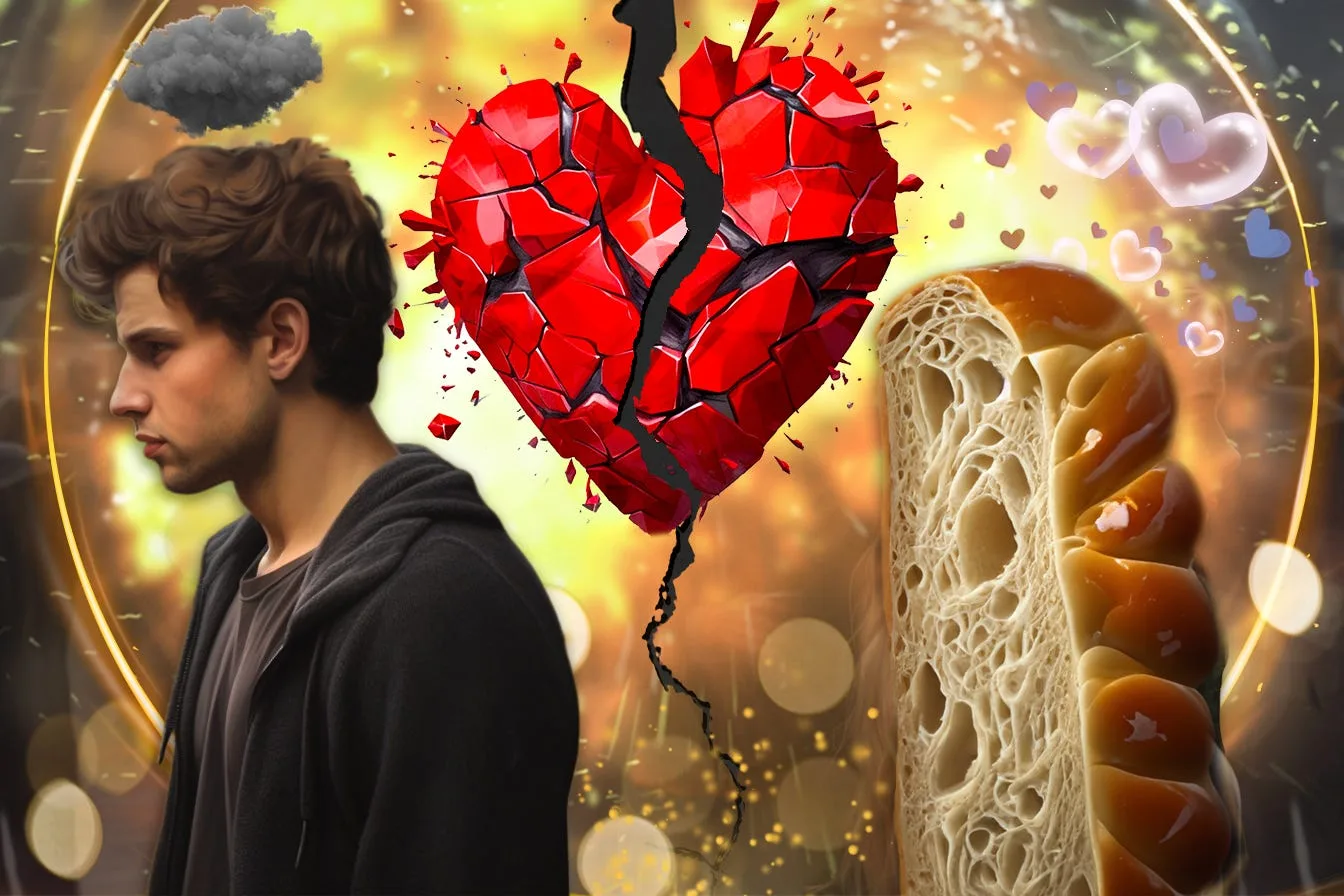 A downcast young man beside a broken heart cracking open into a loaf of bread