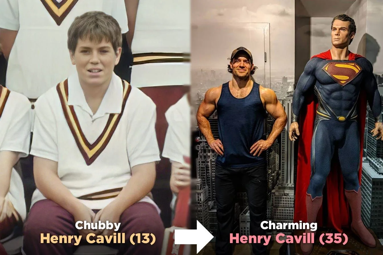 Henry Cavill as a chubby thirteen-year-old schoolboy beside Henry Cavill at 35, standing next to a Superman figure