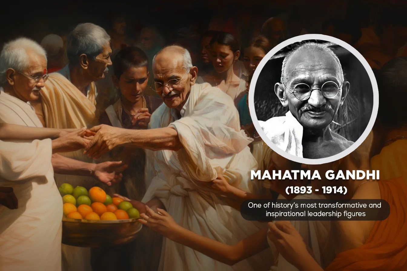 An illustration of Mahatma Gandhi handing out fruit to a crowd, with a portrait of him inset