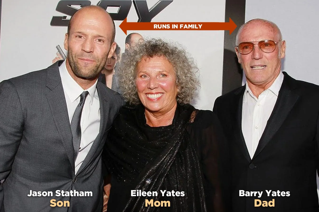 Jason Statham on a red carpet with his mother and his bald father, under an arrow reading runs in family