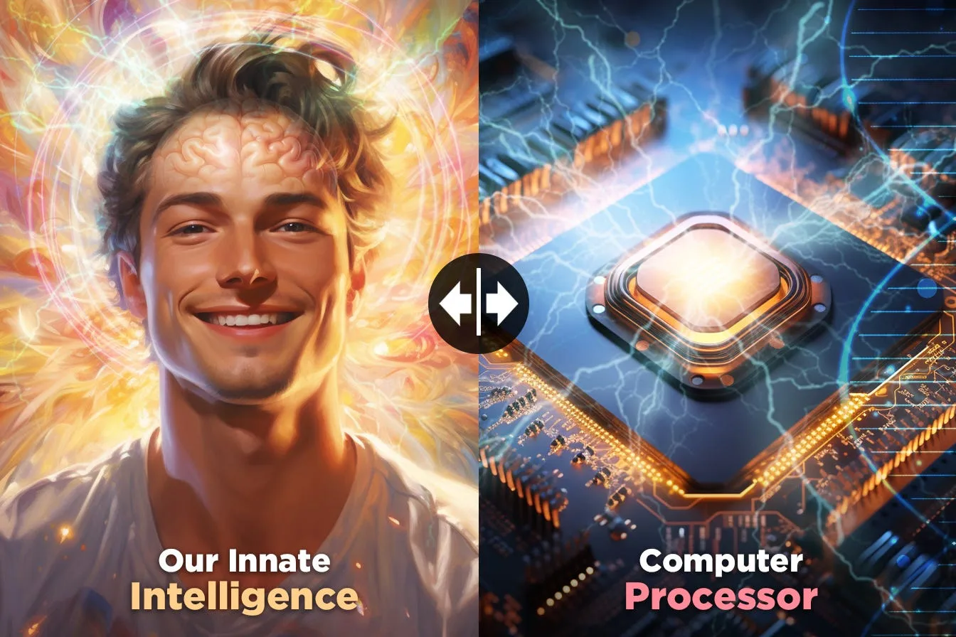 A young man lit up with colour on one side, a glowing computer processor on the other