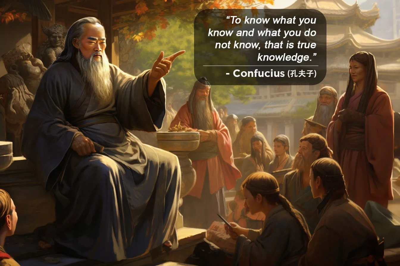 An illustration of Confucius seated and teaching a gathered crowd, with one of his sayings quoted beside him