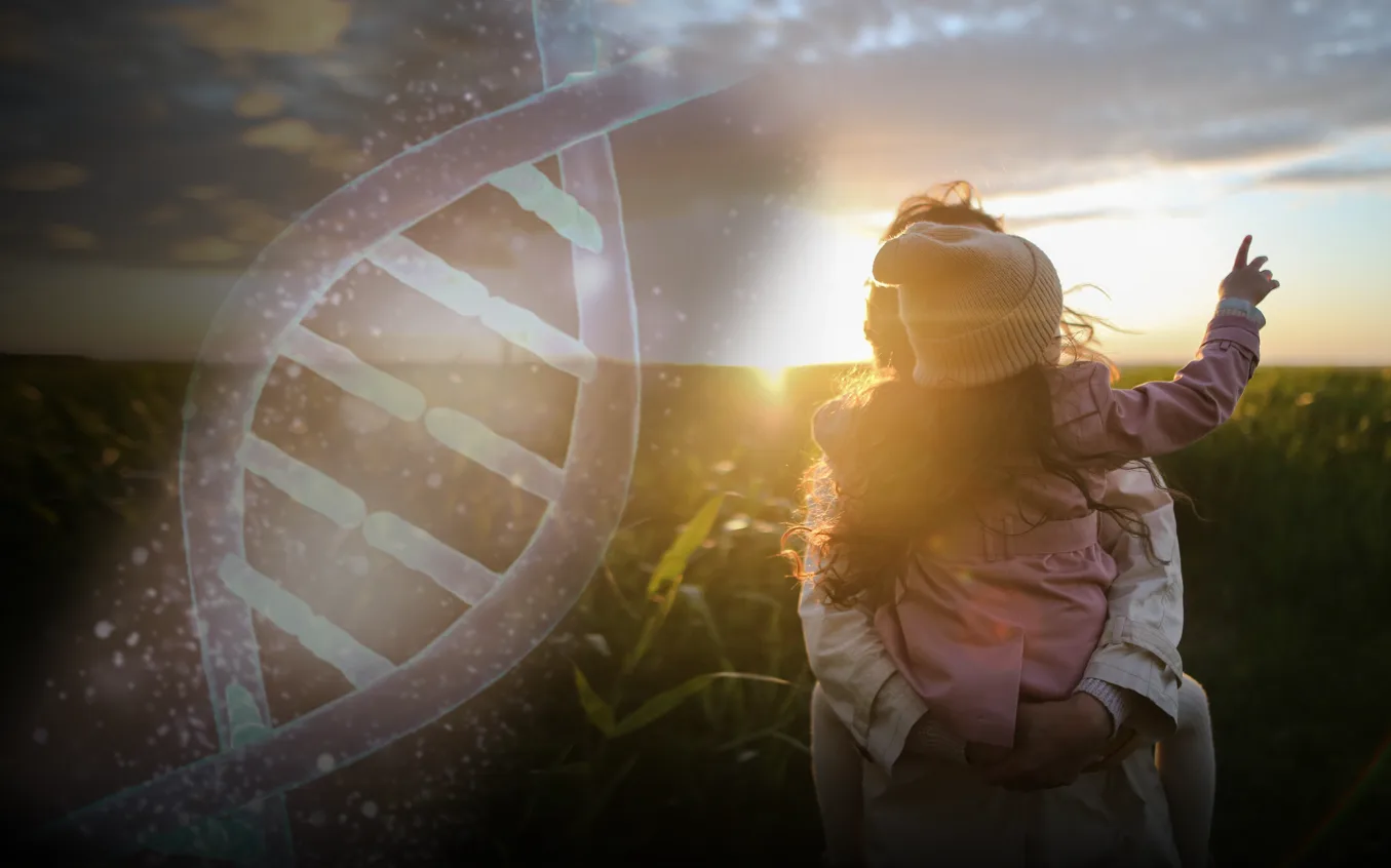 A slide showing a family, with their outcomes shaped by genes and choices