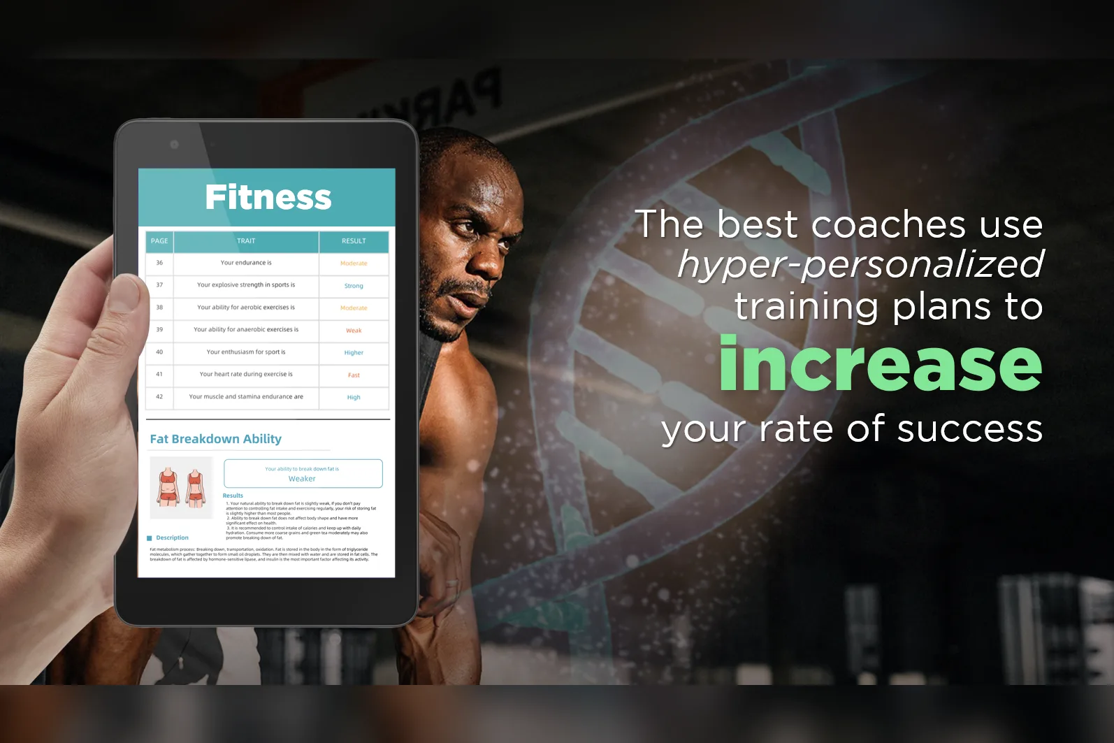 A tablet showing a fitness page from a DNA report beside an athlete, over the line that the best coaches use hyper-personalised training plans