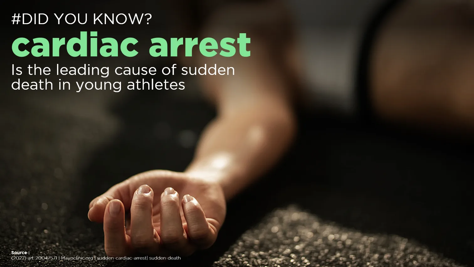 A hand lying on the ground, with a note that cardiac arrest is the leading cause of sudden death in young athletes
