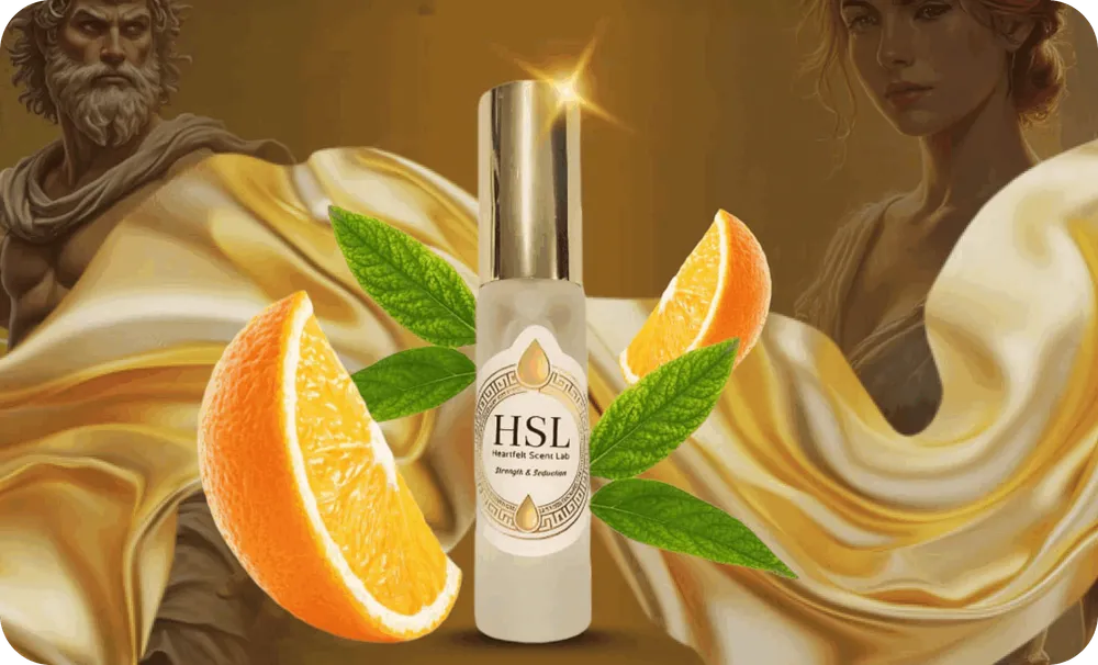 A Heartfelt Scent Lab bottle with orange slices and leaves against golden silk and classical statues