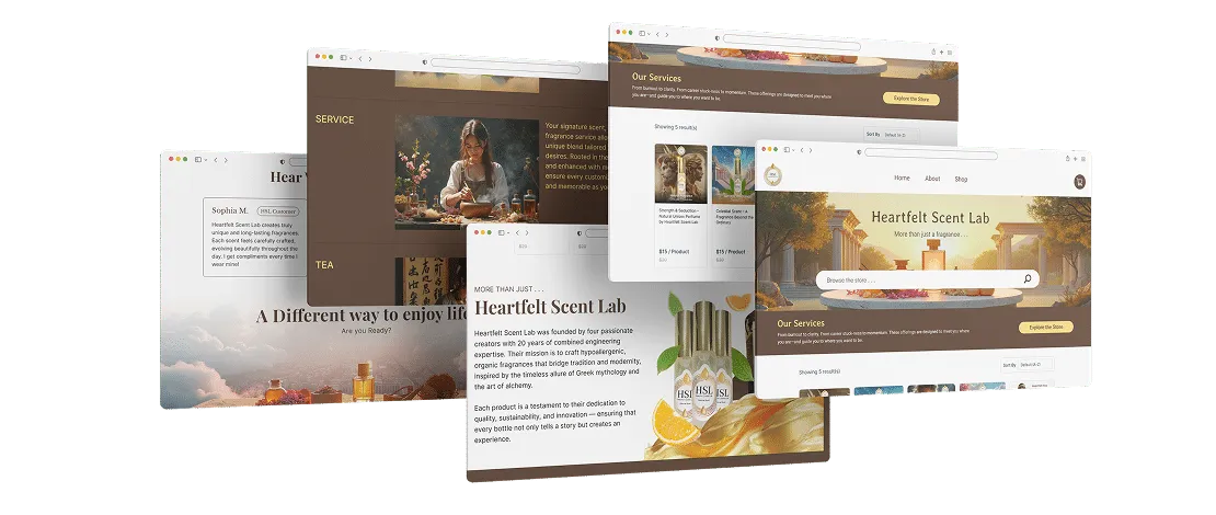 Heartfelt Scent Lab storefront screens layered over each other