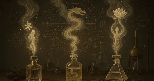 A gold-on-brown illustration of three bottles with scent rising from them