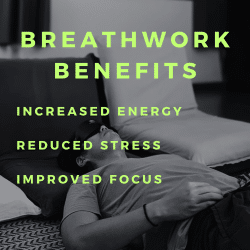 A person lies on their back with an eye mask on, seemingly relaxed, with text overlay stating the benefits of breathwork: increased energy, reduced stress, and improved focus.