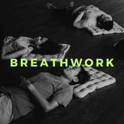 Three individuals lying on their backs on cushioned mats, practicing breathwork in a calm, dimly lit room.